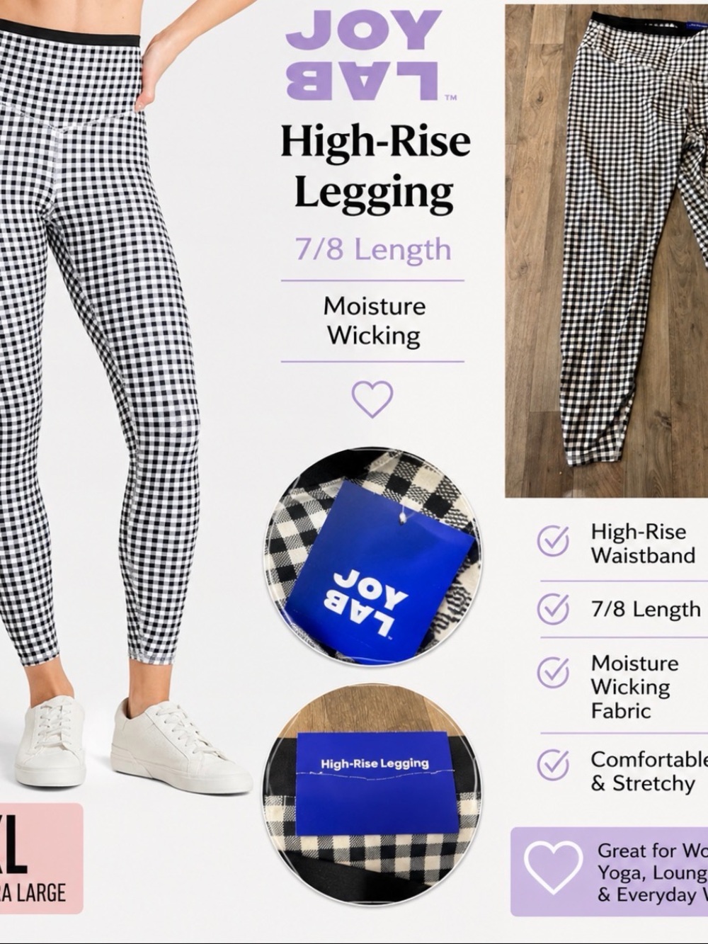 JoyLab Women’s High-Rise 7/8 Leggings – Black & White Gingham Check – XXL – NWT